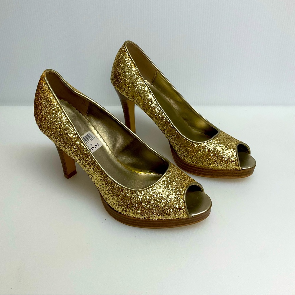 FIONI sz 8 Heels Open Toe Slight Platform Glitter Sparkly GOLD